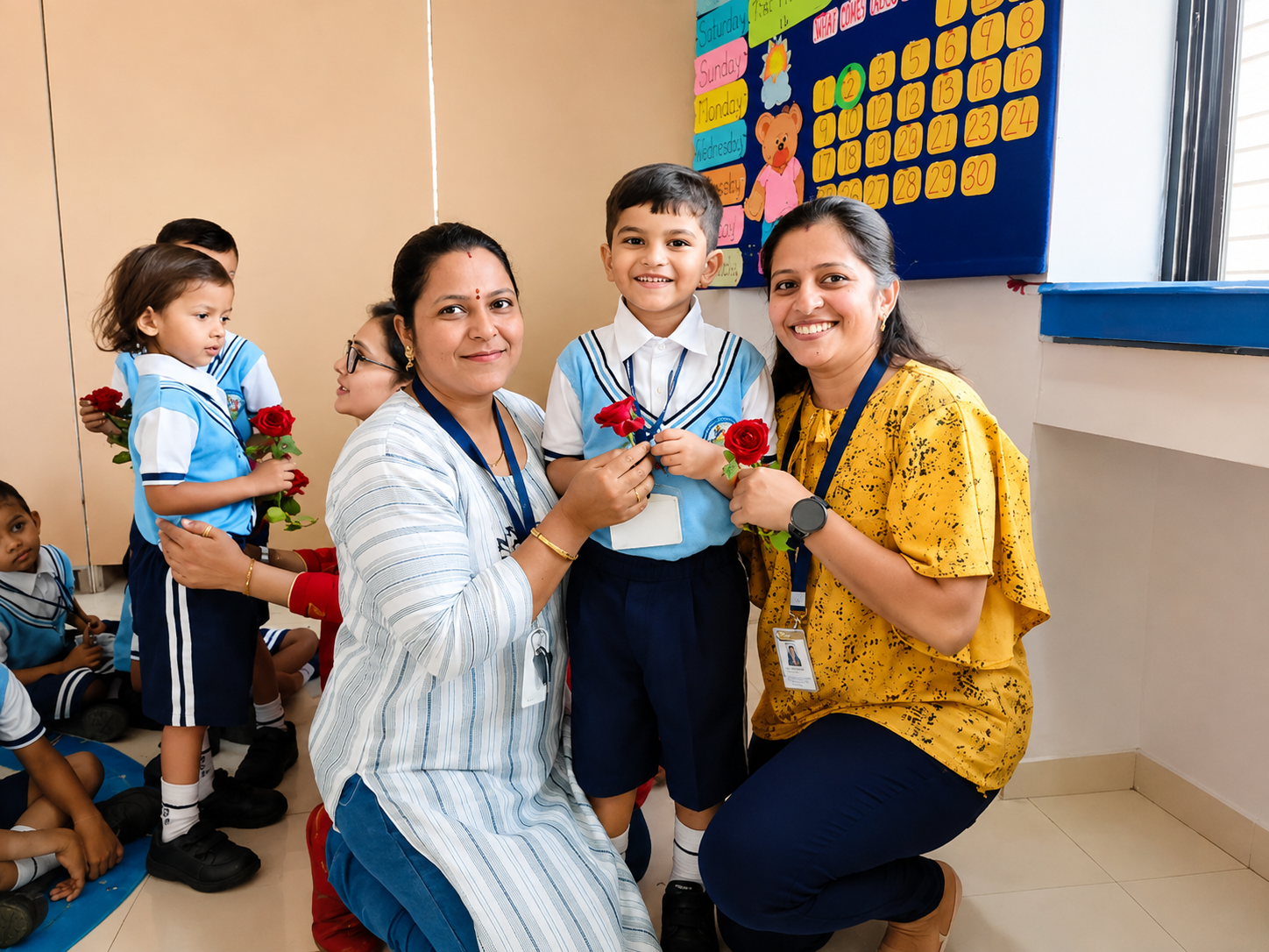 A student celebrating Rose Day with two teachers
