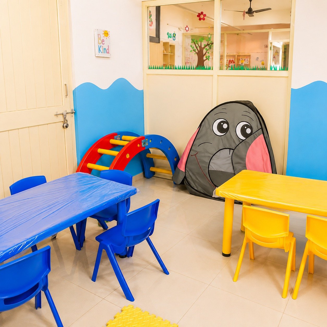 Nursery classroom entrance decorated with paper flowers