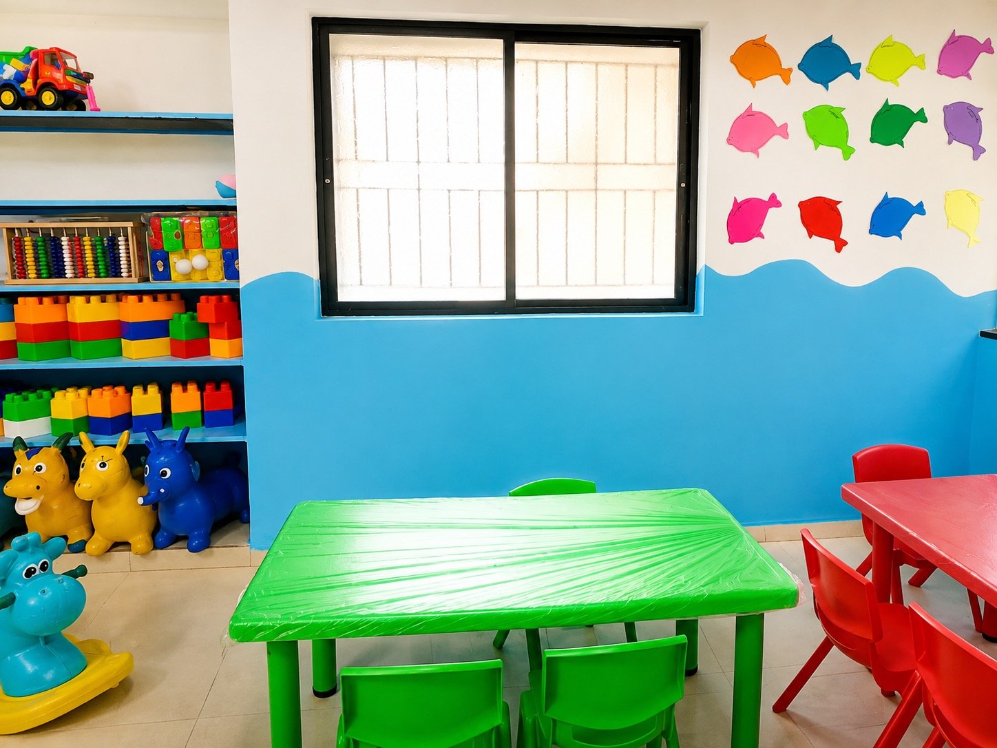 Classroom with colorful storage bins and seating area