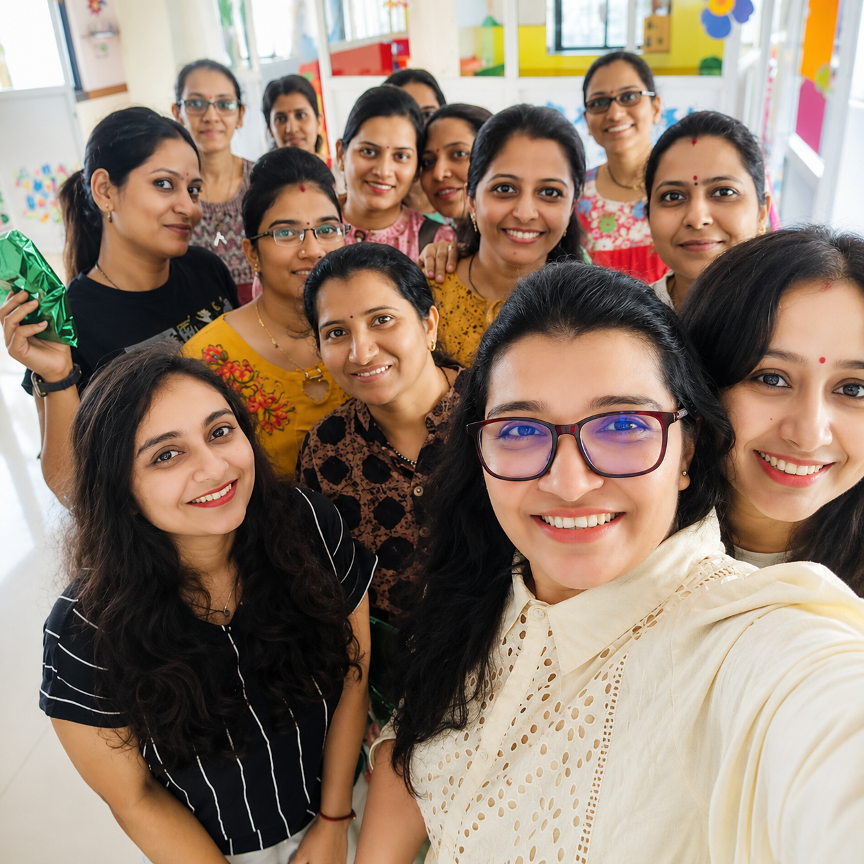 Teachers taking a group selfie during a school celebration